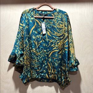 White House Black Market Blue and Yellow Bell Sleeve Blouse